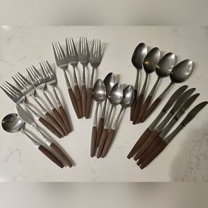 Mid Century Interpur Flatware Set, 22-Piece Rosewood Canoe Muffin Cutlery